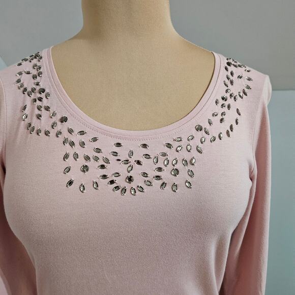 New Chico's Posh Pink Dazzling Rhinestone Scoopneck Long Sleeve Embellished Top - Picture 5 of 12